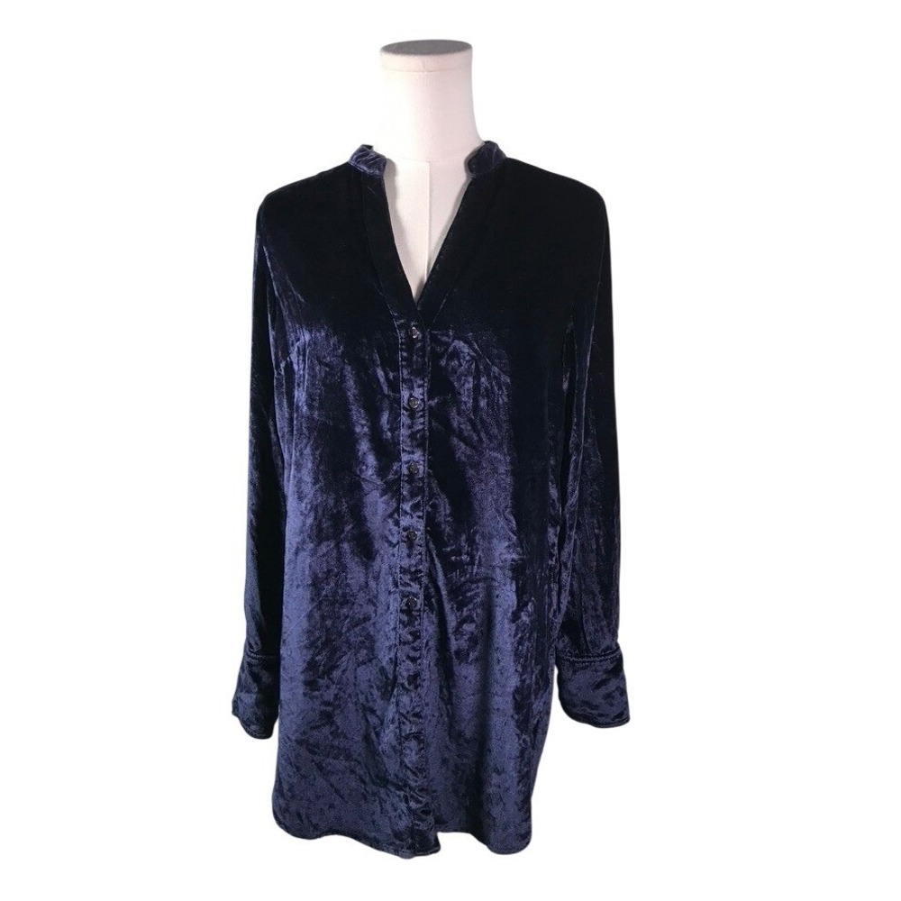 Maeve Anthropologie Navy Blue Crushed Velvet Tunic Button Down‎ Shirt Tie Back